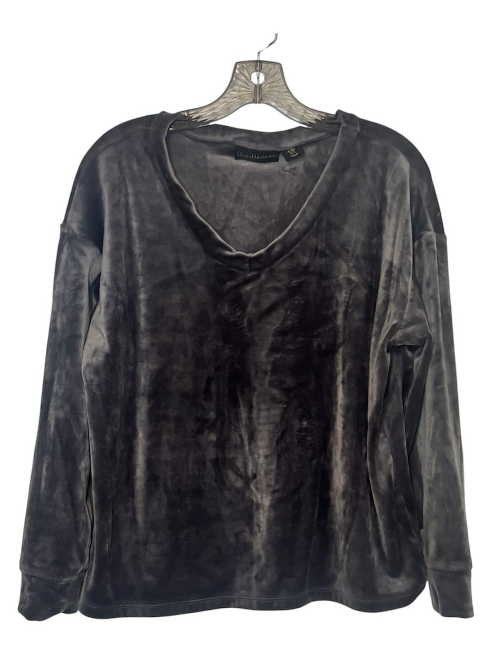 House of Harlow 1960 Velvet V Neck Long Sleeve Sweater top Gray Plush Boho